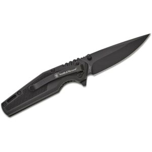 Black folding pocket knife with sharp blade.