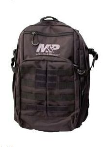 Black tactical backpack with logo and pockets.