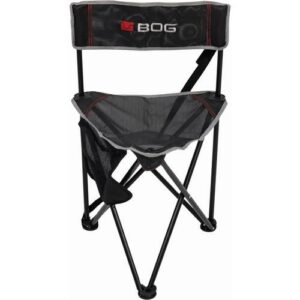 Black portable folding camping chair with logo.