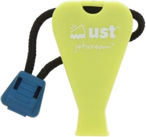 Yellow UST Jetscream emergency whistle with blue clip.