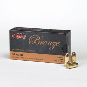 PMC Bronze 32 Auto ammunition box and bullets.