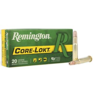 Remington Core-Lokt rifle ammunition box and cartridges.