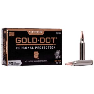 Speer Gold Dot ammunition box and bullet.