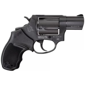 Black revolver firearm on white background