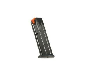 Black firearm magazine with orange follower