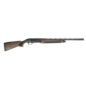 Wooden pump-action shotgun on white background.