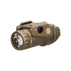 Tactical brown flashlight with logo and controls.