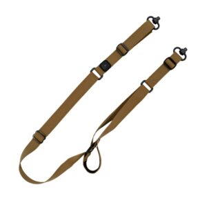 Tan adjustable rifle sling with quick-release buckles.