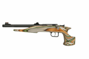 Colorful wooden rifle stock with a black barrel.