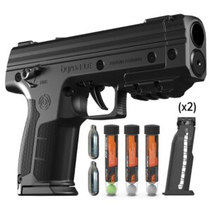 Byrna less-lethal launcher with ammo and accessories.