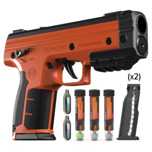 Orange non-lethal self-defense pistol with accessories.