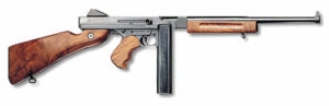 Vintage submachine gun with wooden stock and grip.