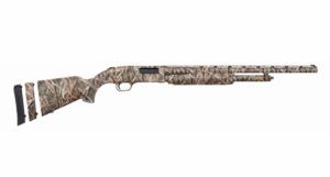 Camouflage pattern hunting shotgun with a long barrel.