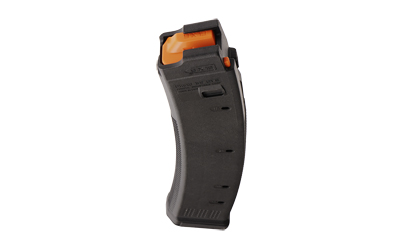 Black plastic ammunition magazine with orange follower.