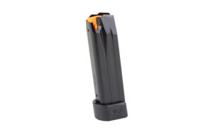Pistol magazine with orange follower and black baseplate.