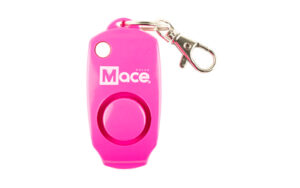 Pink keychain personal alarm with clip.