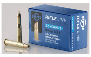 22 Hornet rifle ammunition packaging and bullets.