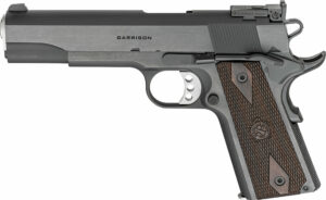 Black and silver semi-automatic handgun with wood grips.