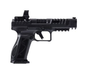 Black handgun with tactical design and optic sight.