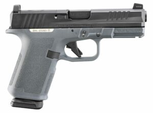 9mm Luger handgun, gray and black design.