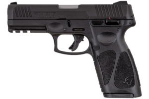 Black handgun on white background