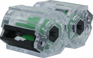 Clear green pencil sharpener with dual openings.
