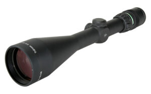 Black rifle scope with adjustable zoom and focus.