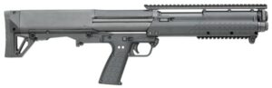 Pump-action shotgun with dual magazine tubes.