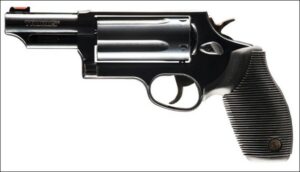 Black revolver with a short barrel and grip.