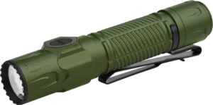 Green tactical flashlight with clip