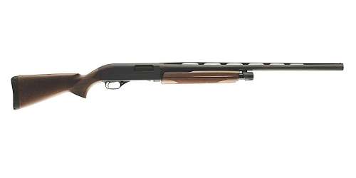 Side view of a shotgun with wooden stock.