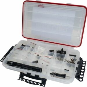 Plastic storage box with various small hardware items.