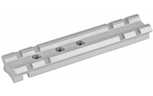 Silver Picatinny rail mount with slots and holes.