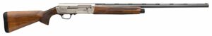 Side view of a shotgun with wood finish.