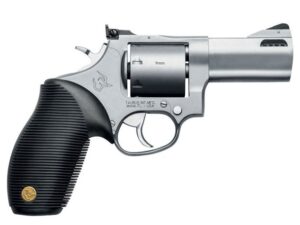 Silver revolver handgun with black grip.