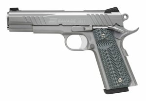 Silver handgun with textured grip, side view.
