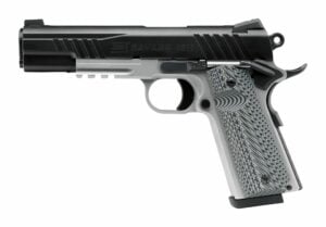 Silver and black semi-automatic handgun, left side view.