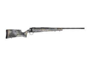 Camouflaged hunting rifle on white background.