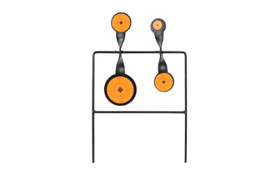 Rotating target stand with orange and black design.