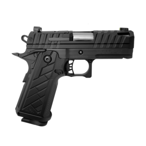 Black modern handgun with textured grip design