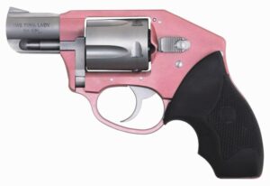 Pink revolver with black grip on white background.