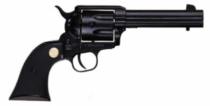 Black revolver handgun on white background.