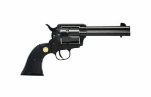 Black revolver handgun isolated on white background.