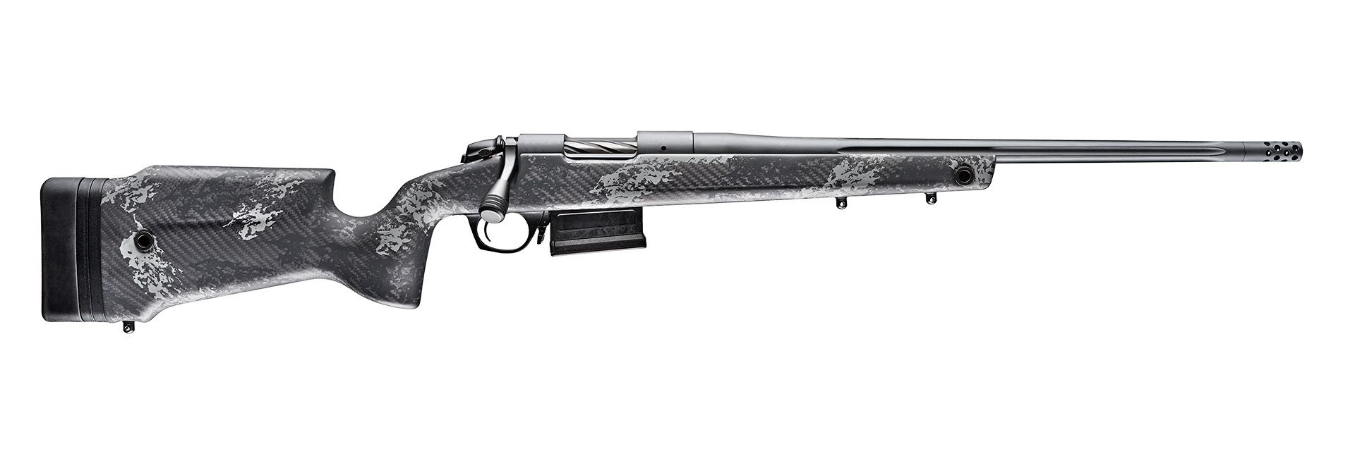 Modern bolt-action hunting rifle with camouflage pattern.
