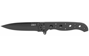 Black tactical folding knife with holes in handle.