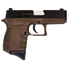 Brown and black semi-automatic handgun side view.