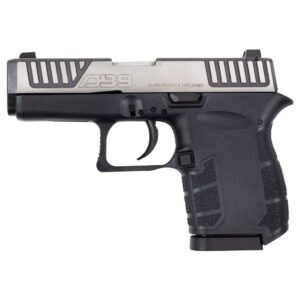 Black and silver semi-automatic handgun on display.