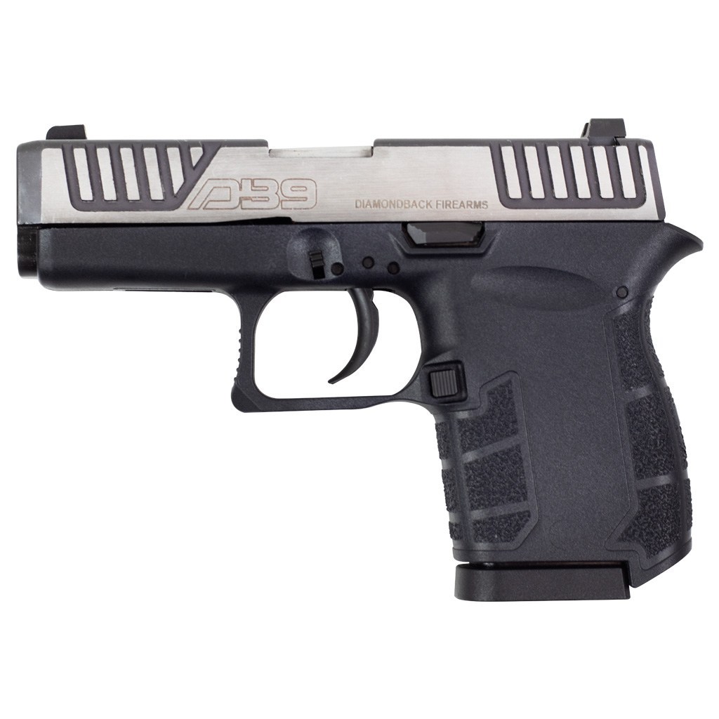 Black and silver semi-automatic handgun on display.