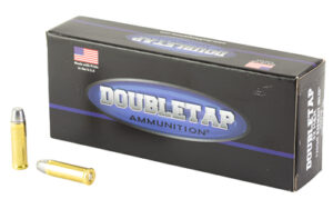 Doubletap ammunition box with two bullets displayed