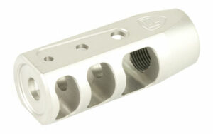 Silver muzzle brake with ventilation holes